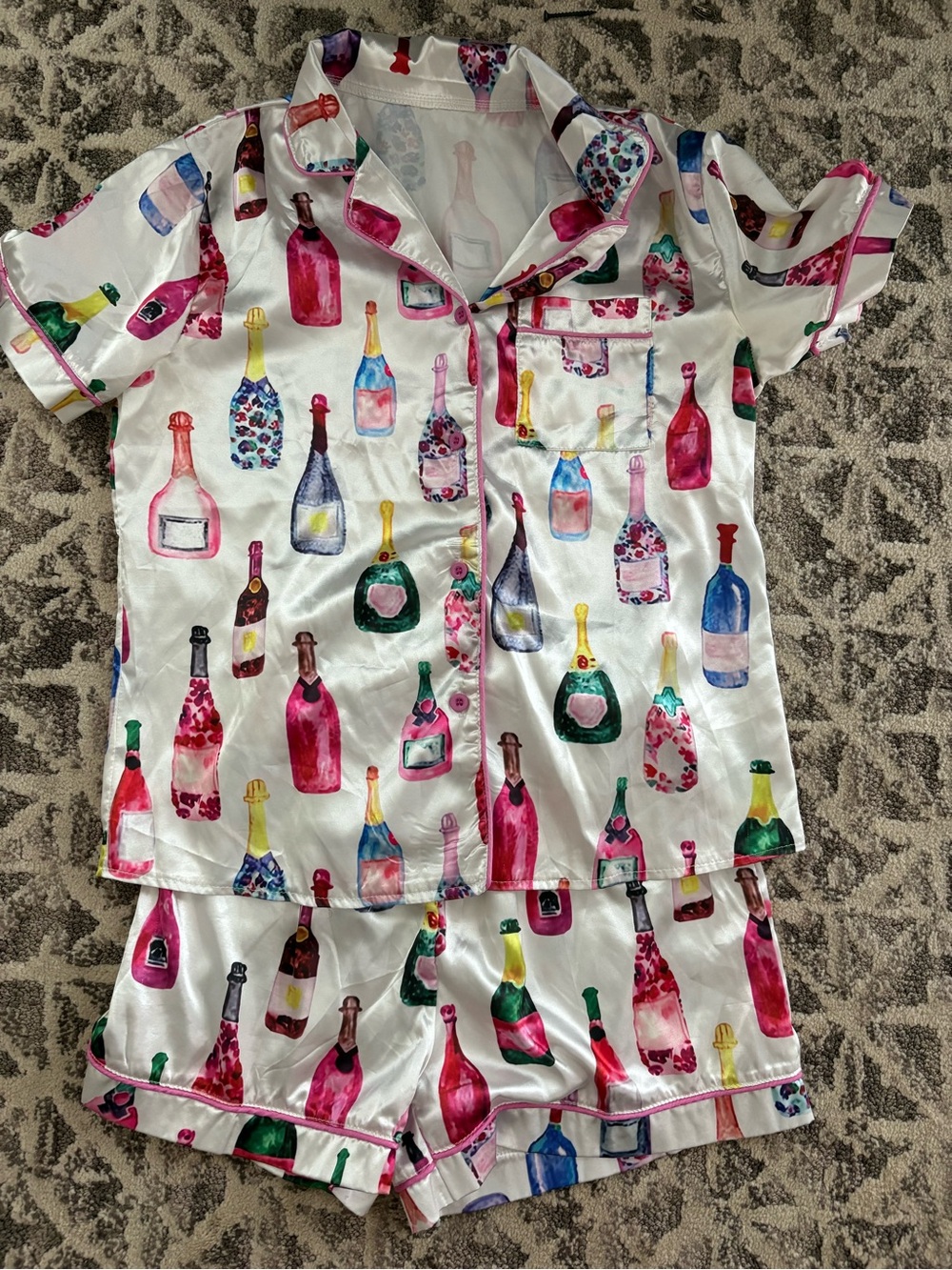 Satin Champagne Bottle Print Pajama Shorts Set - Women’s M